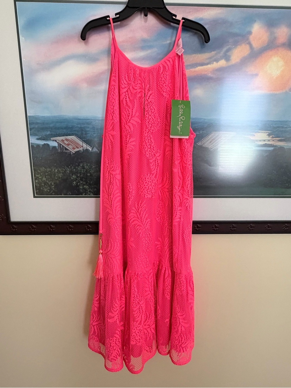 Lilly Pulitzer Neon Pink Lace Midi Dress with Tassel